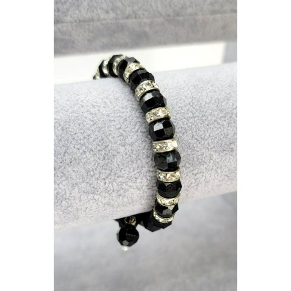 Black Glass Round Faceted Beaded Necklace and Bracelet Set Vintage Glam LI320 - Picture 4 of 9